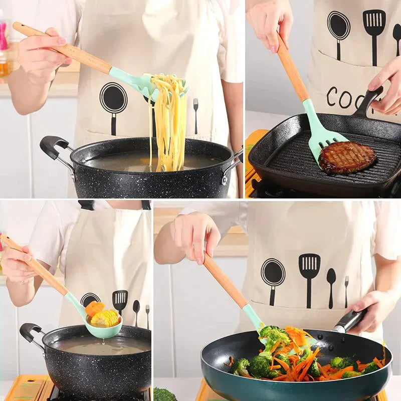 Utensílios De Cozinha De Silicone Com Cabo De Madeira- 12 pçs