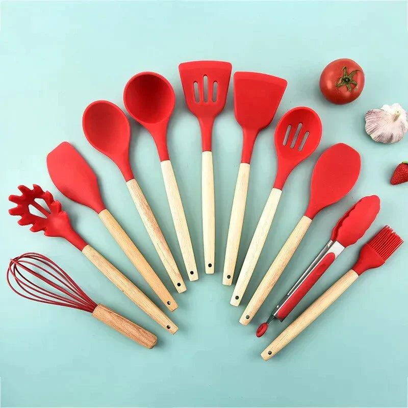 Utensílios De Cozinha De Silicone Com Cabo De Madeira- 12 pçs