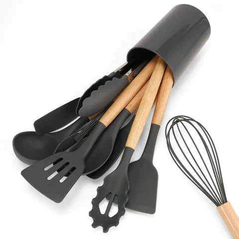 Utensílios De Cozinha De Silicone Com Cabo De Madeira- 12 pçs