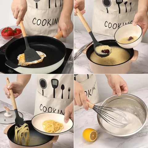 Utensílios De Cozinha De Silicone Com Cabo De Madeira- 12 pçs