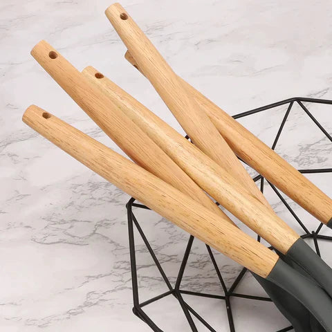 Utensílios De Cozinha De Silicone Com Cabo De Madeira- 12 pçs
